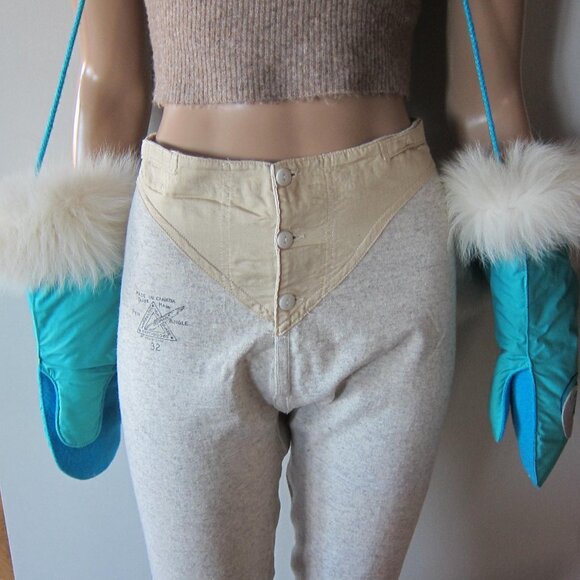 TURQUOISE BLUE WHITE FOX FUR WOOL Handmade Patchwork Trapper Eskimo Long Mitts - Picture 8 of 9